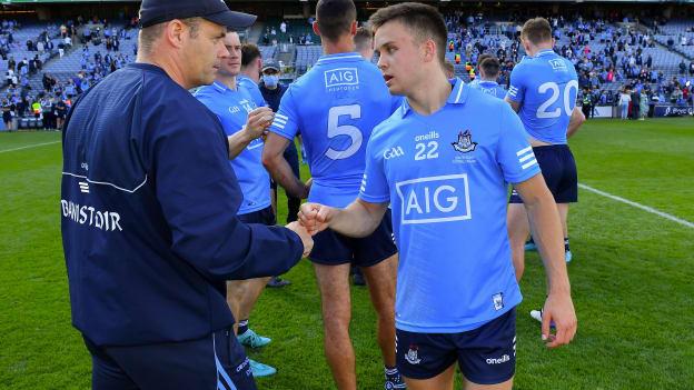 Dublin manager Dessie Farrell with Eoin Murchan after their side's victory in the Leinster GAA Football Senior Championship Final match between Dublin and Kildare at Croke Park in Dublin. 