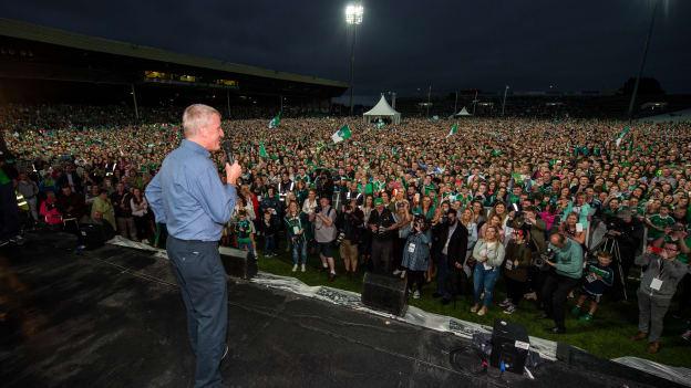 John Kiely speaking to Limerick supporters at the All Ireland homecoming at the Gaelic Grounds last August.