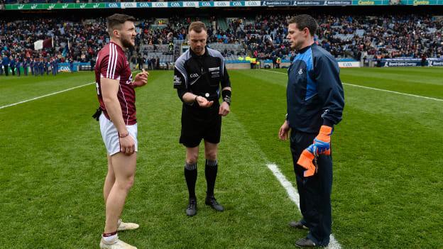 Damien Comer and Stephen Cluxton with referee Anthony Nolan before the Allianz Football League Final.