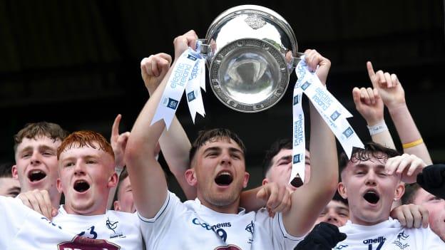 Kildare joint captain Kevin Eustace lifts the Fr Larry Murphy Cup after the Electric Ireland Leinster GAA Football Minor Championship Final match between Dublin and Kildare at Páirc Tailteann in Navan, Meath. 