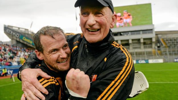 Jackie Tyrrell celebrates with Kilkenny manager Brian Cody after victory over Limerick in the 2014 All-Ireland SHC semi-final. 