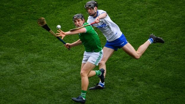 Peter Casey, Limerick, and Calum Lyons, Waterford, during the 2019 Allianz Hurling League Final at Croke Park.
