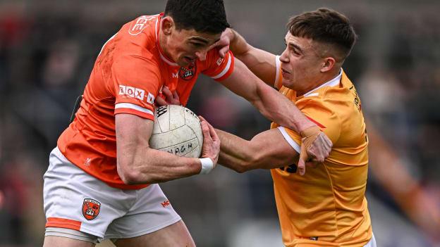 Rory Grugan of Armagh in action against Eoghan McCabe of Antrim during the Ulster GAA Football Senior Championship preliminary round match between Armagh and Antrim at Box-It Athletic Grounds in Armagh. 