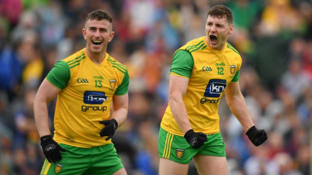 Donegal stars Paddy McBrearty and Jamie Brennan celebrate at St Tiernach's Park.