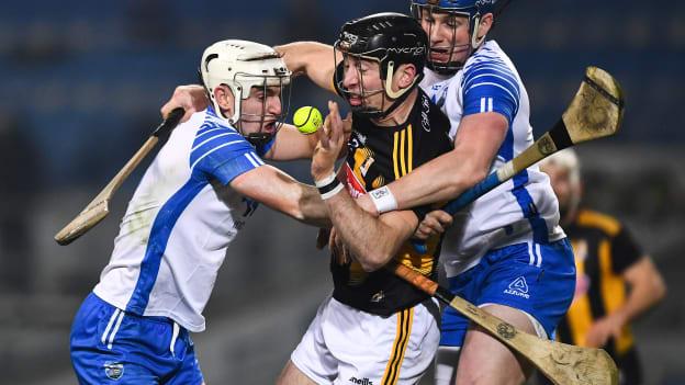 Conor Delaney of Kilkenny is surrounded by Dessie Hutchinson, left, and Austin Gleeson of Waterford during the 2021 GAA Hurling All-Ireland Senior Championship Semi-Final match between Kilkenny and Waterford at Croke Park in Dublin. 