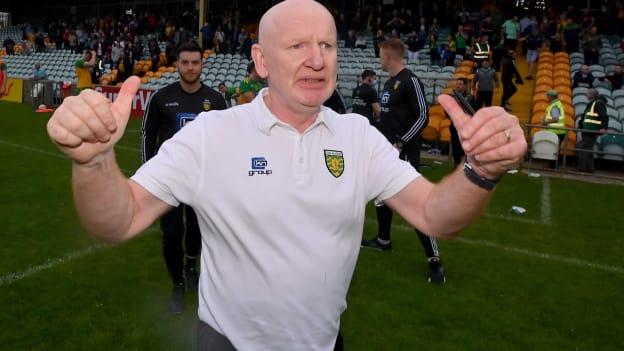 Donegal manager Declan Bonner celebrates following the Ulster GAA Football Senior Championship Quarter-Final match between Derry and Donegal at Páirc MacCumhaill in Ballybofey, Donegal. 