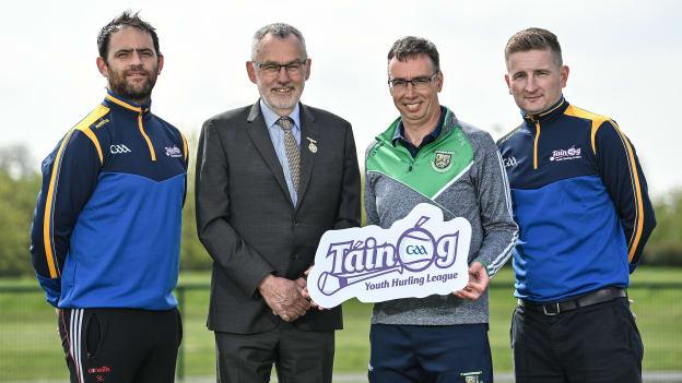 Pictured at the launch of the Táin Óg hurling competitions are Shane Lennon of Louth GAA, Uachtarán Chumann Lúthchleas Gael Larry McCarthy, Ronan O’Gorman of St Fechins GAA club, and James Devane of Leinster GAA. 