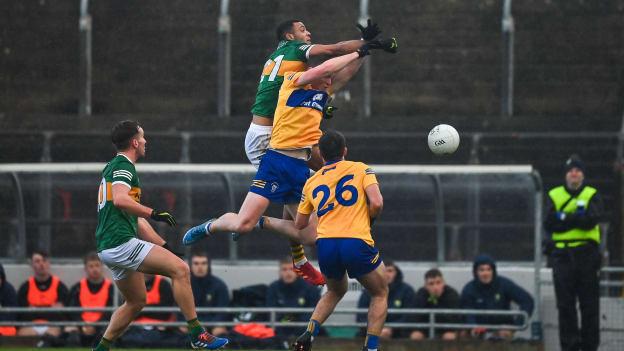 Kerry's Stefan Okunbor of Kerry in action against Darragh McDonagh of Clare during the McGrath Cup contest in Tralee today. 