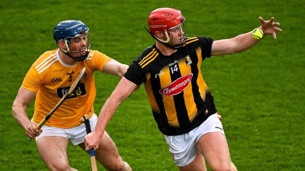 Adrian Mullen, Kilkenny, and Gerard Walsh, Antrim, during Sunday's Allianz Hurling League encounter at UPMC Nowlan Park.