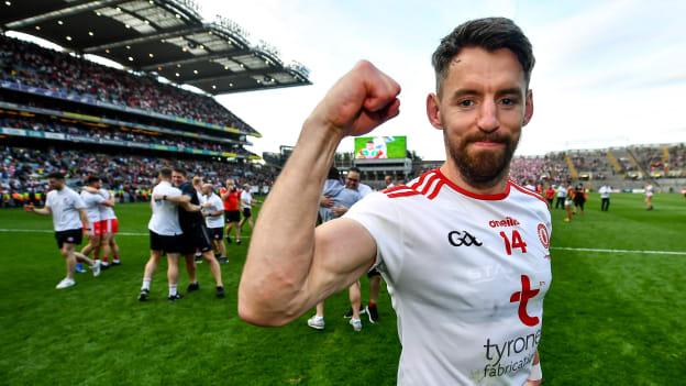 Matthew Donnelly of Tyrone celebrates after the GAA Football All-Ireland Senior Championship Final match between Mayo and Tyrone at Croke Park in Dublin.