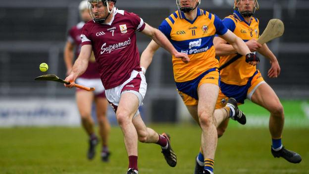 Padraic Mannion, Galway, and David Fitzgerald, Clare, in Allianz Hurling League action at Pearse Stadium.
