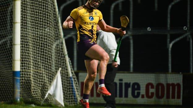 Conor McDonald celebrates after scoring a late goal for Wexford against Galway in the 2020 Walsh Cup Final. 