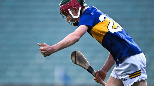 Sam Rowan of Tipperary celebrates scoring his side's first goal during the Electric Ireland Munster GAA Minor Hurling Championship Final match between Tipperary and Clare at TUS Gaelic Grounds in Limerick. 