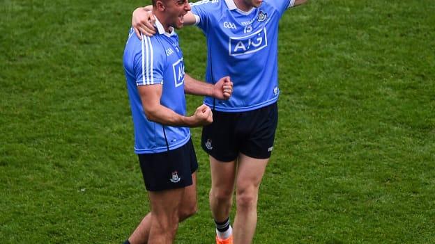 James McCarthy and Dean Rock celebrate after the 2018 All Ireland SFC Final at Croke Park.