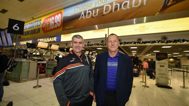 Tipperary manager Liam Sheedy, left, and former Cork manager John Meyler in attendance at Dublin Airport prior to their departure to the PwC All Stars tour in Abu Dhabi.