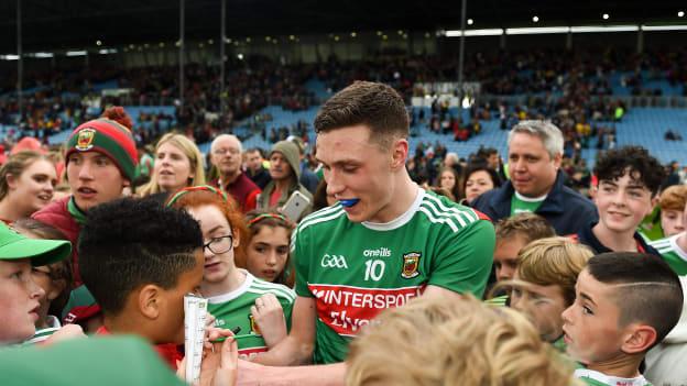 Fionn McDonagh of Mayo signs autographs after the GAA Football All-Ireland Senior Championship Quarter-Final Group 1 Phase 3 match between Mayo and Donegal at Elvery’s MacHale Park in Castlebar, Mayo. 