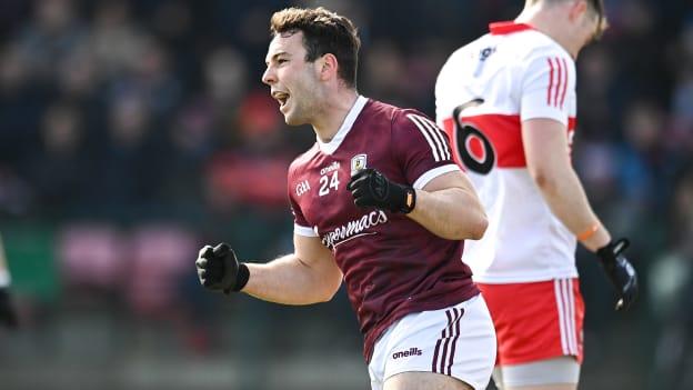 Dessie Conneely of Galway celebrates after scoring his side's third goal during the Allianz Football League Division 2 match between Derry and Galway at Derry GAA Centre of Excellence in Owenbeg, Derry.