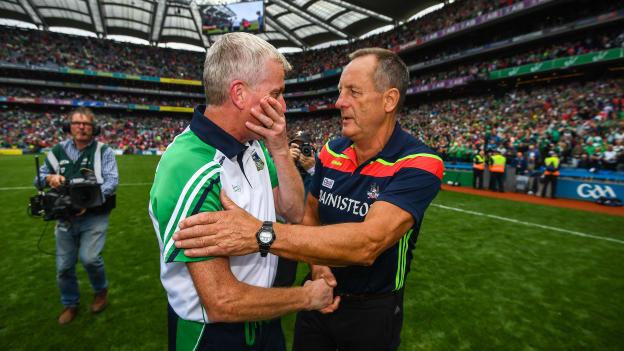 Limerick manager John Kiely and Cork boss John Meyler following the thrilling 2018 All Ireland SHC Semi-Final at Croke Park.