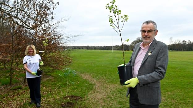 To mark National Tree Week Uachtarán Cumann Luthchleas Gael, Larry McCarthy, planted a native oak, presented by Orla Farrell, Project lead of Easy Treesie. The planting took place on Fingal County Council land at Malahide Castle adjacent to the St Sylvester's GAA playing fields.