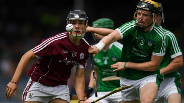 Dean Reilly of Galway in action against Ben Herlihy of Limerick during the Electric Ireland GAA Hurling All-Ireland Minor Championship Quarter-Final match between Galway and Limerick at Semple Stadium in Thurles, Co Tipperary. 