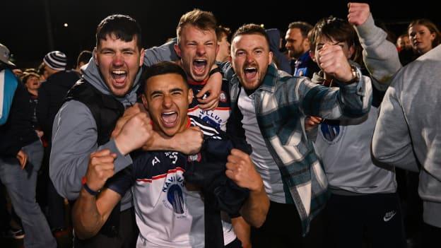 New York's Daniel O'Sullivan and Eoghan Kerin celebrate with supporters at Gaelic Park. Photo by David Fitzgerald/Sportsfile