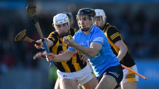 Danny Sutcliffe, Dublin, and Mikey Carey, Kilkenny, in Allianz Hurling League action at Parnell Park.