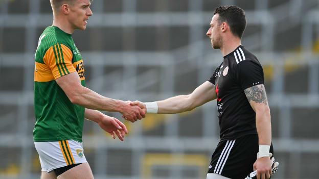 Tommy Walsh of Kerry shakes hands with Niall Morgan of Tyrone after the Allianz Football League Division 1 semi-final match between Kerry and Tyrone at Fitzgerald Stadium in Killarney, Kerry. 