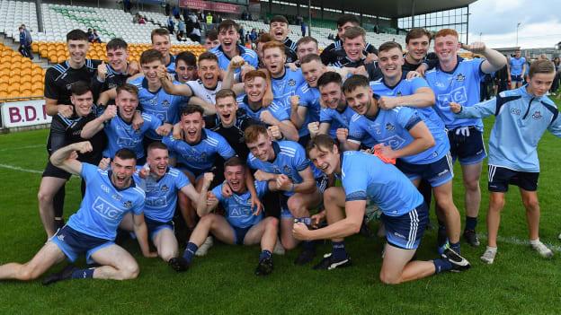 Dublin players celebrating following the EirGrid Leinster Under 20 Final at Bord Na Mona O'Connor Park.