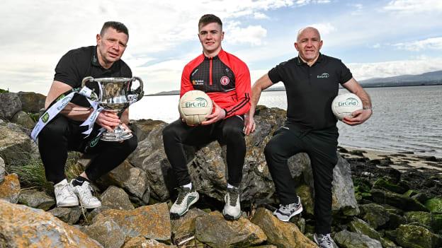 In attendance at the launch of the 2023 EirGrid GAA Football U20 All-Ireland Championship at Bull Wall in Dublin are, from left, Kerry U20 manager Tomás Ó Sé, Tyrone U20 captain Ruairí Canavan and Tyrone U20 manager Paul Devlin. EirGrid, the operator of Ireland’s electricity grid, is leading the transition to a low carbon energy future. 