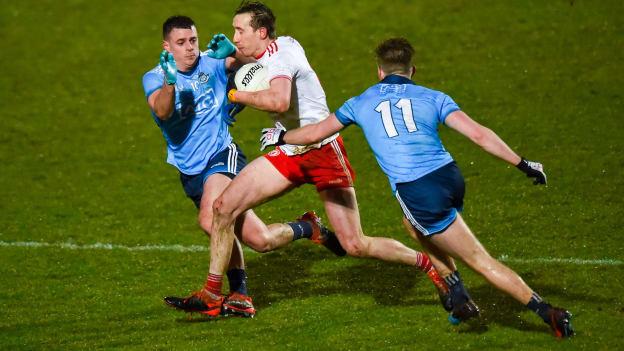 Colm Cavanagh of Tyrone in action against Brian Howard and Seán Bugler of Dublin during the 2020 Allianz Football League Division 1 Round 5 match between Tyrone and Dublin at Healy Park in Omagh, Tyrone. 