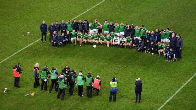 The Limerick team gather for a team photograph after the 2020 GAA Hurling All-Ireland Senior Championship Final match between Limerick and Waterford at Croke Park in Dublin. 