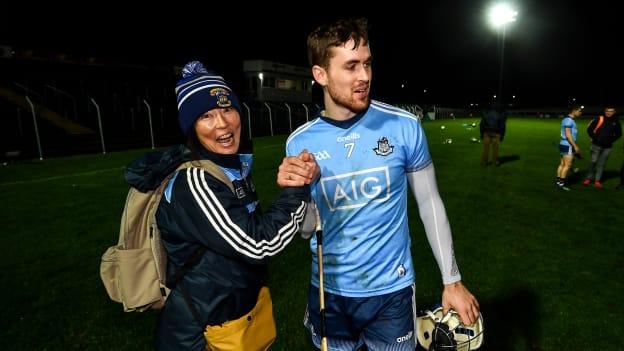 Sean Moran of Dublin is congratulated by supporter Chizuru Ryan following the Allianz Hurling League Division 1 Group B Round 3 match between Carlow and Dublin at Netwatch Cullen Park in Carlow. 