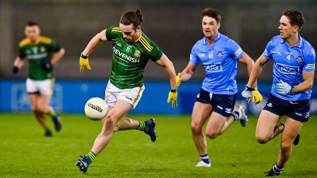 Cillian O'Sullivan, Meath, and Eric Lowndes and Michael Fitzsimons, Dublin, in Allianz Football League action at Parnell Park last month.
