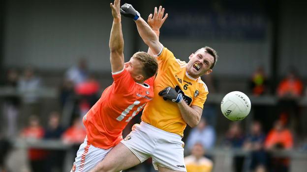
James Laverty, Antrim, and Rian O'Neill, Armagh, in Ulster SFC action.