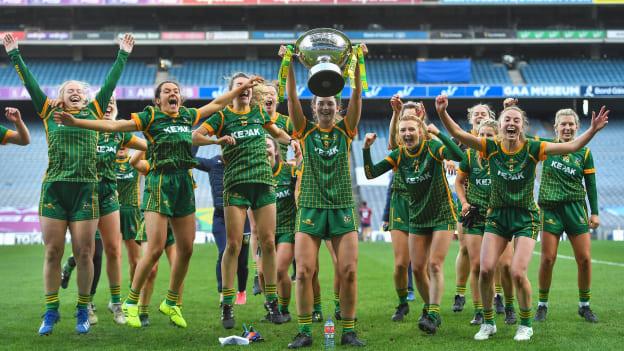 Meath players celebrate with the cup following the TG4 All-Ireland Intermediate Ladies Football Championship Final match between Meath and Westmeath at Croke Park in Dublin. 