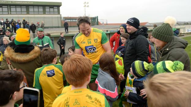 Michael Murphy signs autographs following Donegal's win over Kildare.