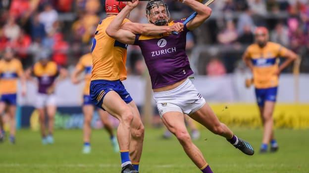 Jack O'Connor of Wexford in action against John Conlon of Clare during the 2022 GAA Hurling All-Ireland Senior Championship Quarter-Final match between Clare and Wexford at the FBD Semple Stadium in Thurles, Tipperary. 