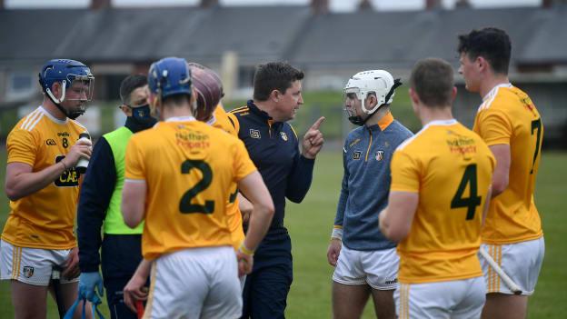 Antrim manager Darren Gleeson speaks to his players at the water break during the 2021 Allianz Hurling League Division 1 Group B Round 1 match between Antrim and Clare at Corrigan Park in Belfast, Antrim. 