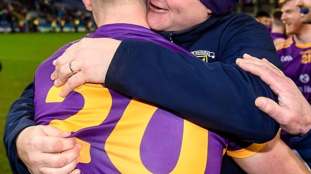 Kilmacud Crokes manager Robbie Brennan celebrates with Paul Mannion after the AIB GAA Football All-Ireland Senior Club Championship Final match between Glen of Derry and Kilmacud Crokes of Dublin at Croke Park in Dublin.