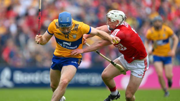 Shane O'Donnell, Clare, and Tommy O'Connell, Cork, in Munster SHC action at Cusack Park. Photo by Ray McManus/Sportsfile