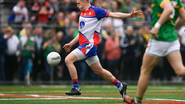 Shane Hogan of New York shoots to score his side's first goal during the 2018 Connacht GAA Football Senior Championship Quarter-Final match between New York and Leitrim at Gaelic Park in New York.