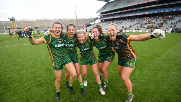 Meath players, from left, Orla Byrne, Niamh O'Sullivan, Katie Newe, Shauna Ennis and Monica McGuirk celebrate following the TG4 All-Ireland Senior Ladies Football Championship Semi-Final match between Cork and Meath at Croke Park in Dublin.