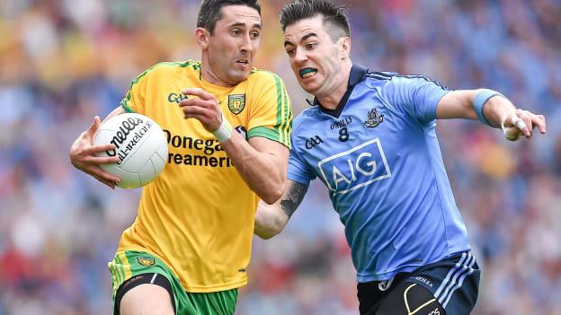 Donegal's Rory Kavanagh in action against Dublin's Michael Darragh MacAuley in the 2014 All-Ireland SFC semi-final. 
