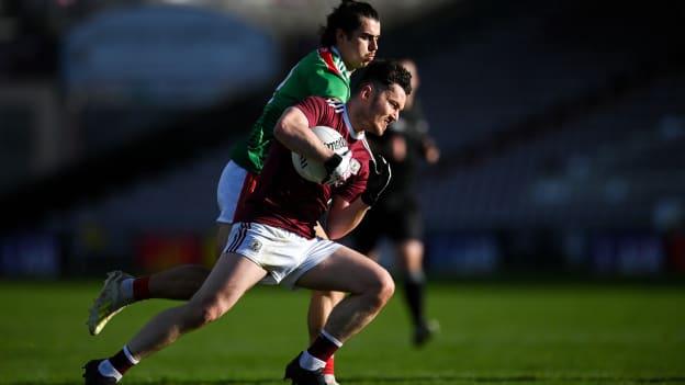 Ian Burke, Galway, and Oisin Mullin, Mayo, during the Connacht SFC Final at Pearse Stadium.