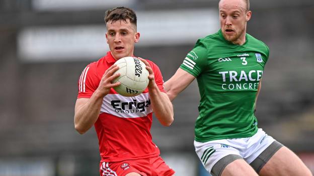 Shane McGuigan, Derry, and Che Cullen, Fermanagh, in Ulster SFC action at Brewster Park. Photo by Ramsey Cardy/Sportsfile