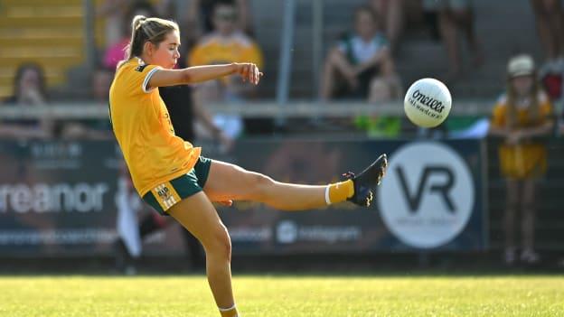 Caitlin Taggart kicks a point for Antrim at the Athletic Grounds.
