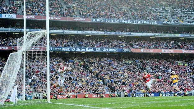 Conor McGrath fires the a shot into the top corner of the net for Clare's fourth goal of the match. 