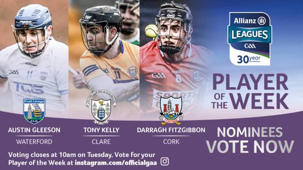 This week's GAA.ie Hurler of the Week nominees are Waterford's Austin Gleeson, Clare's Tony Kelly, and Cork's Darragh Fitzgibbon. 