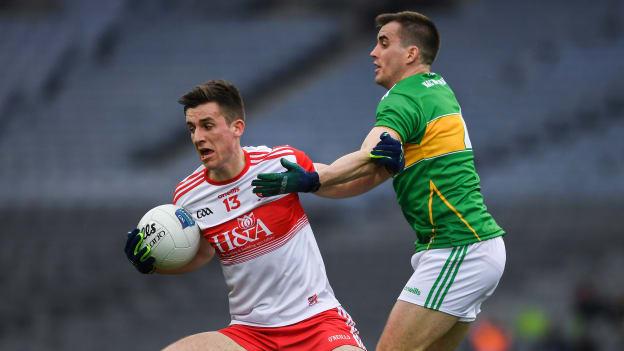 Shane McGuigan of Derry in action against Paddy Maguire of Leitrim during the Allianz Football League Division 4 Final.