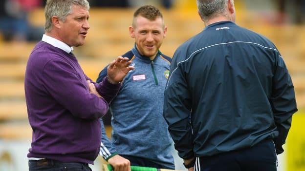 Barry Kelly, Sean Ryan, and Offaly manager Kevin Martin before the 2018 Leinster Senior Hurling Championship game between Kilkenny and Offaly at Nowlan Park.